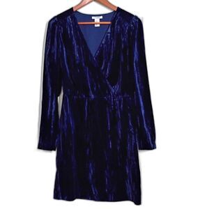 HM Crushed Velvet Faux Wrap Dress Dark Blue 10 Velvet Buttons V Neck Long Sleeve